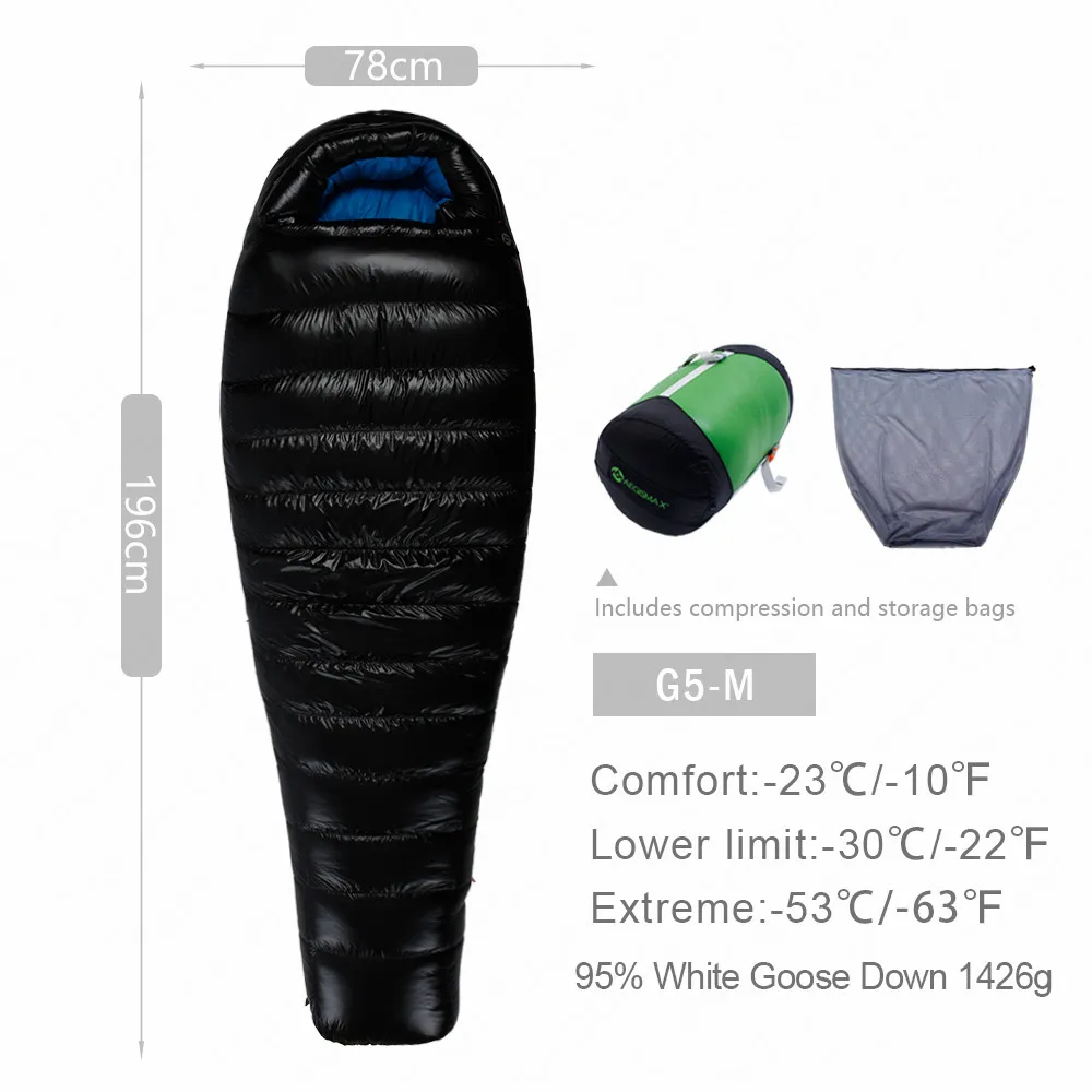 AEGISMAX G Открытый Кемпинг-22℉~-10℉ спальный мешок зима 95% гусиный пух FP800 теплый 15D нейлон водонепроницаемый спальный мешок комфорт - Цвет: G5-M-Black-1426g