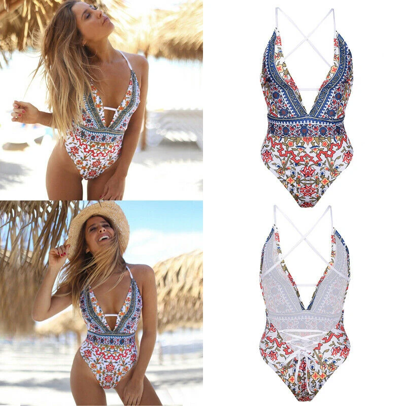 ropa 2020 mujer Women's One Piece Swim suit Retro Printed Push Up Padded Monokini Swimwear Beachwear