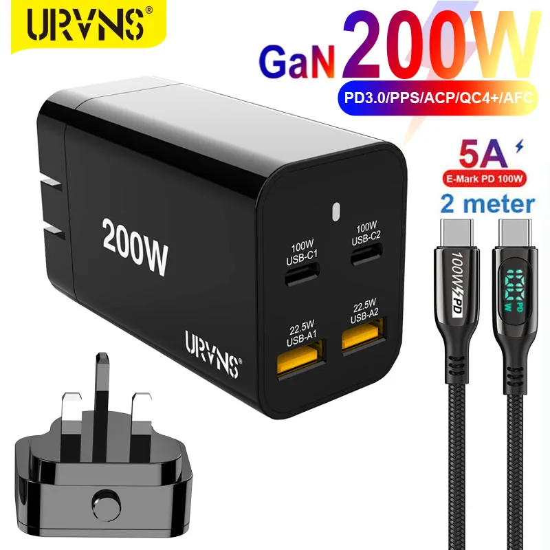 URVNS 200W USB C GaN Wall Charger PD100W PPS45W QC4+ Super Fast Charging Station for iPhone MacBook Samsung Xiaomi Type-C Laptop wallcharger Chargers