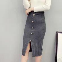 Элегантная сексуальная юбка с разрезом на пуговицах, зимняя Женская эластичная трикотажная юбка, плиссированная Женская прямая юбка в рубчик на пуговицах, юбка средней длины, 12,3