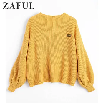 

ZAFUL Chevron Patches Oversized Pullover Sweater Women Long Sleeve Loose One-Size Round Neck Fashion Autumn Pullovers Female