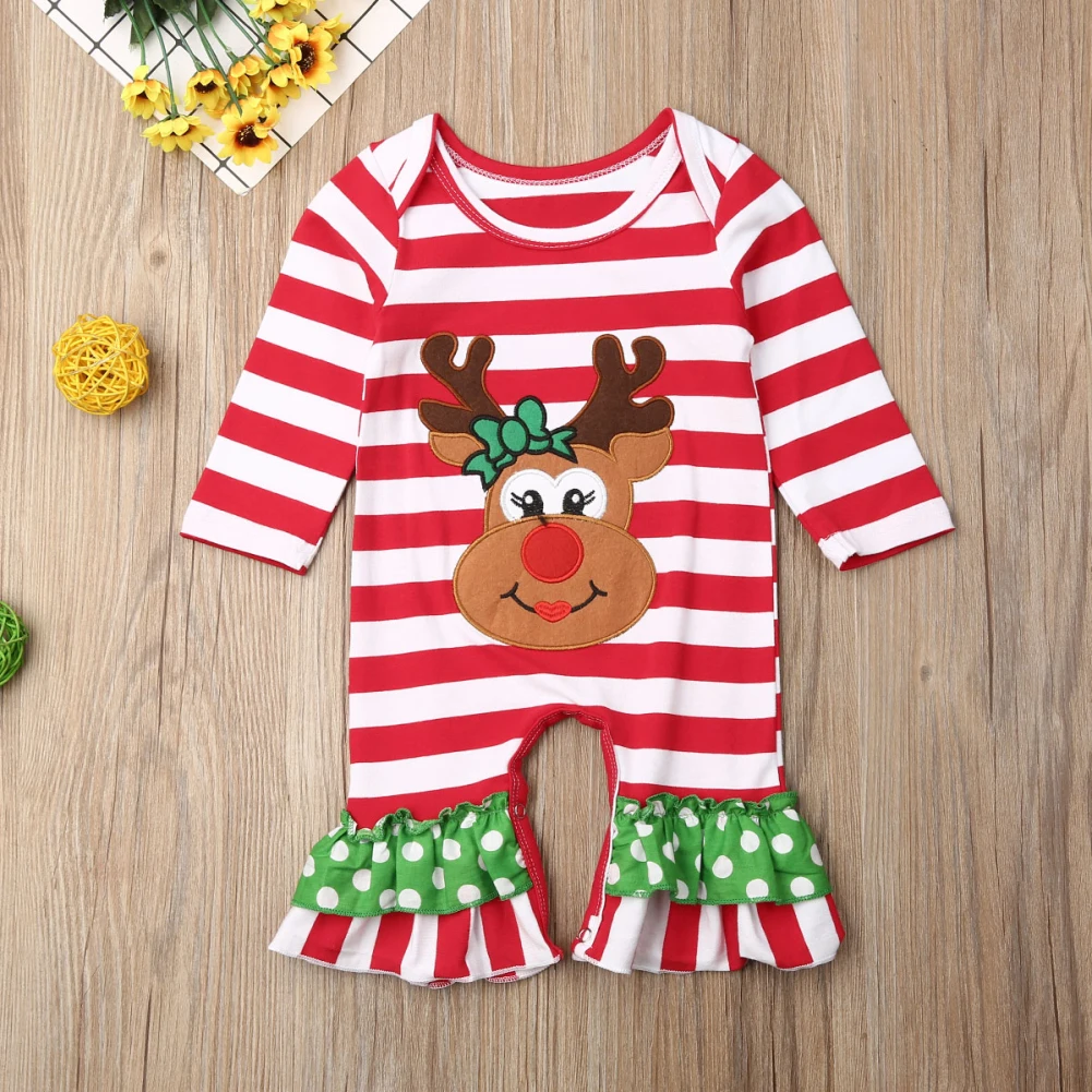 Рождественская Одежда для маленьких девочек Комбинезон с рисунком Санта-Клауса/оленя полосатые расклешенные штаны с длинными рукавами и оборками рождественские Комбинезоны для детей от 0 до 18 месяцев
