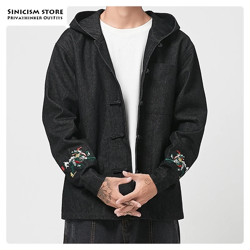 Мужская джинсовая куртка Sinicism Store черная Повседневная с капюшоном и вышивкой Kirin