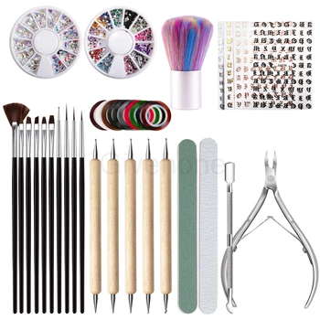 

Nail Art Brushs Set Pedicure Manicure Set Striping Tape Stickers Rhinestones Decoration Box Scissors Nail Foils Clean Brush Tool