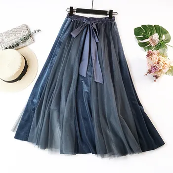 

2020 Autumn Winter Velvet mesh Patchwork Pleated Skirt for Women High Waist Big Swing Skirts Female elegant party Bow Skirt blue