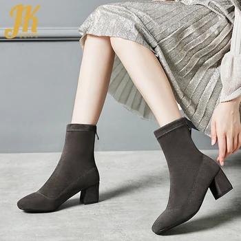 

JK High Heels Ankle Boots Women Sock Booties Ladies Stretch Flock Shoes Female Square Toe Shoes Female Zip Shoes Winter 2020 New