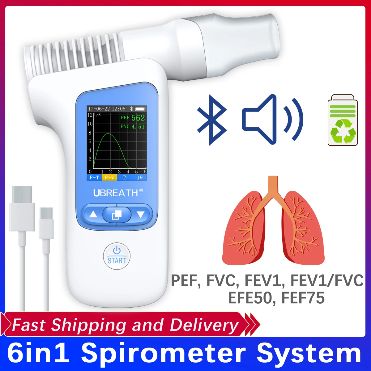 6in1SpirometerhandhelddigitalLungFunctionBreathingPulmonaryDiagnosticVitalographFVC