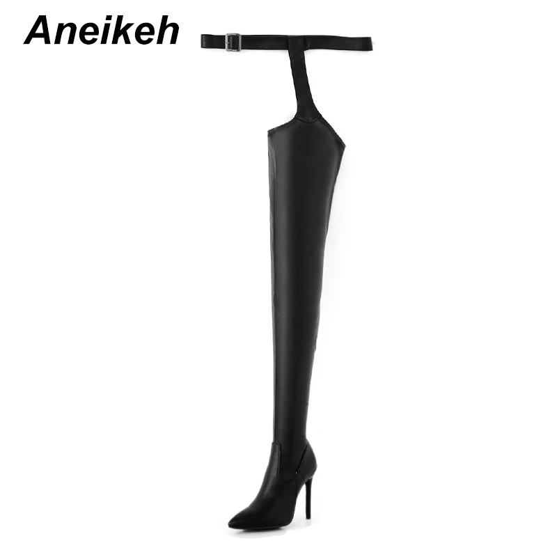 Aneikeh/ Для женщин PU Сапоги выше колен(ботфорты) Высокие сапоги в стиле Рианны; Стиль Ботфорты для женская обувь сапоги на высоком каблуке с заостренным носком - Цвет: black