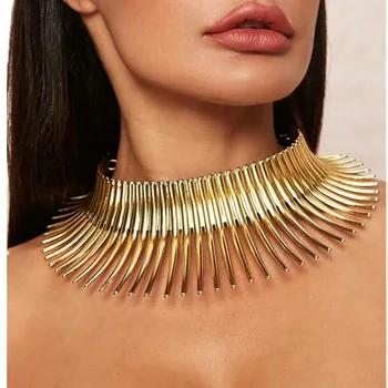 

Liffly African Fashion Metal Big Torques Statement Gold Necklace for Women Thorn Collar Choker Necklaces Punk Jewelry