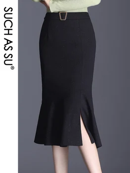 

New Autumn Winter Bright silk Skirts Women Black High Waist Mid Calf Length Mermaid Skirt S-3XL Plus Size Ruffle Skirt Female