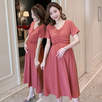 

1901 V neck Slim Waist Maternity Party Dress Elegant Bodycon Clothes for Pregnant Women Summer Korean Fashion Pregnancy Clothing