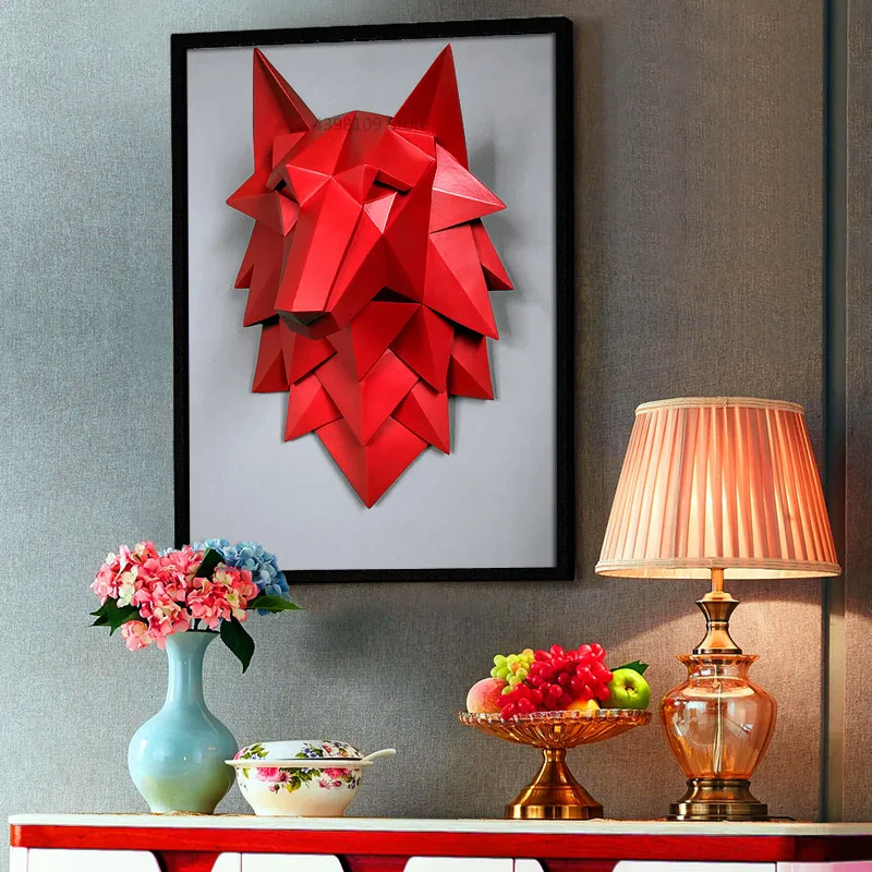 

Scandinavian geometric wolf head sculpture wall decoration home decoration crafts living room mural creative bar wall 3D pendant
