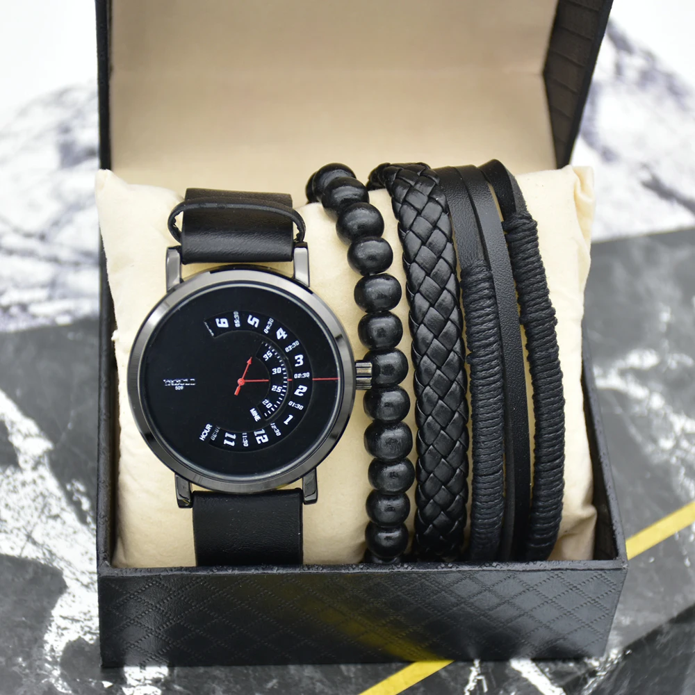 Men Watch Bracelet Set Man Fashion Sport Waterproof Wrist Watch With Leather Braided Rope Bracelets Gift Box For Men's Boyfriend