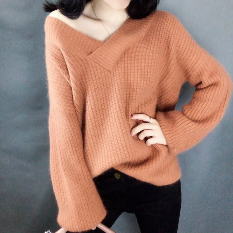 

2019 Thick Winter Sweater Women V-neck High Quality White Pullover Lantern Long Sleeve Loose Tops Female Cashmere Sweater