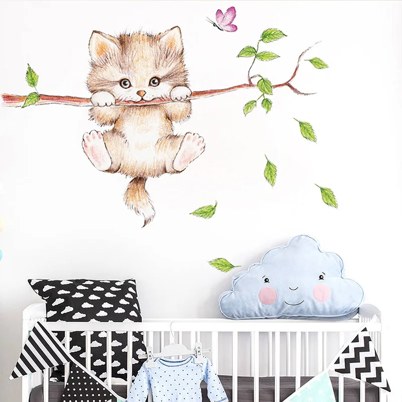 

Lovely Kitten On Tree Branch Wall Stickers Kids Room Living Room accessories Decor DIY Cat Home Decor Mural Wall Art Decals