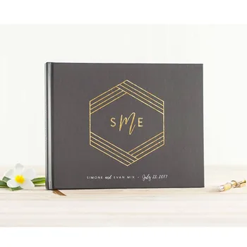 

personalized names or date Wedding Guest Book Gold Foil guestbook gray cutom instant photo book hexagon monogram Keepsake Book