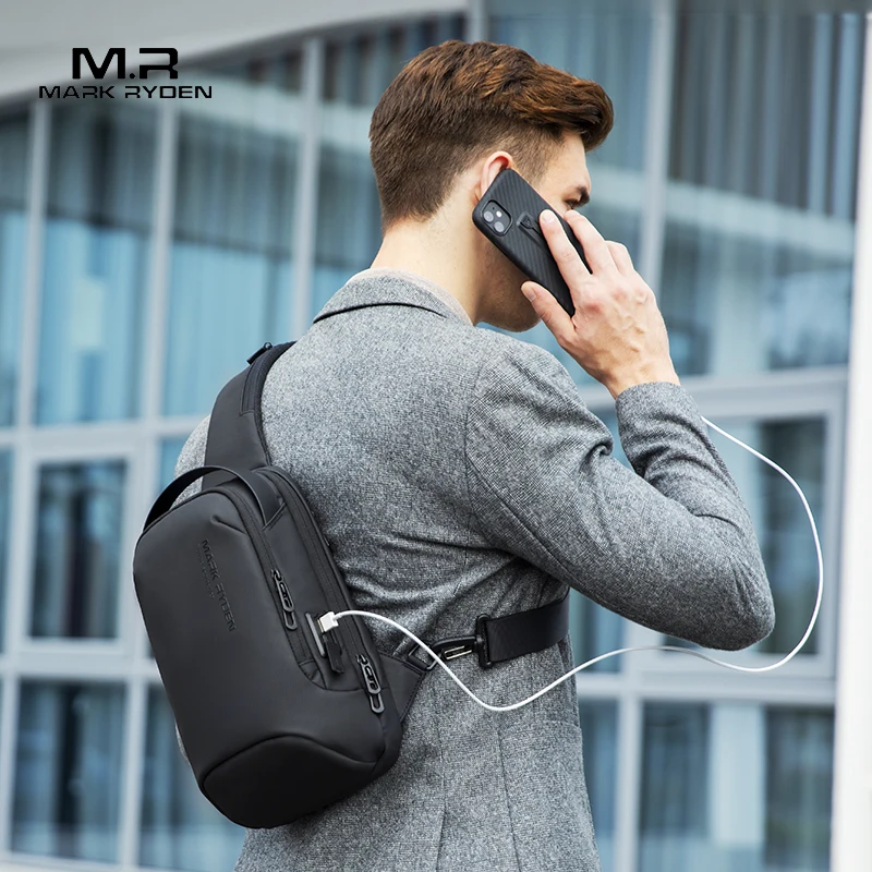 Mark Ryden Men Travel Shoulder Bag Water-repellent Sports Chest Bag Anti-theft Crossbody Bags USB Charging Messenger Bag