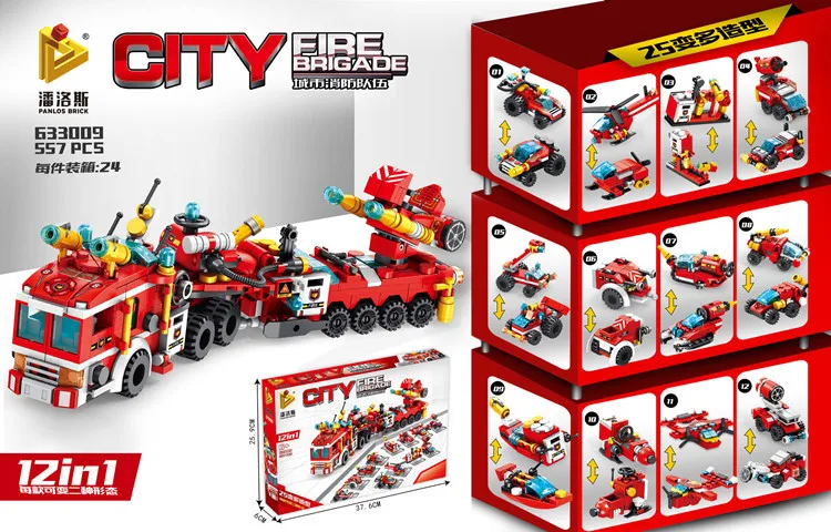 

Pan luo si 63009 City Firefighting 12-in-1 Combination Fun Deformation Spell Building Blocks Inserted Educational Toy