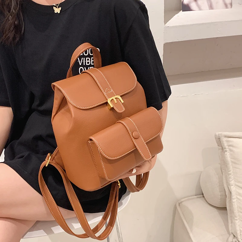 Women Drawstring Leather Backpack French Shoulder Bag Trendy Female School Bag Teenage Girls High Quality Fashion Rucksack X950H