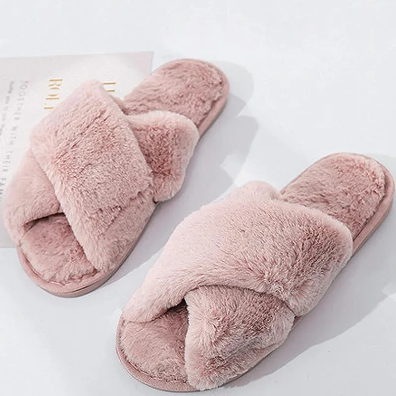 Chaussure Femme Winter Women House Slippers Faux Fur Fashion Warm Shoes Woman Slip on Flats Female Slides Black Pink Home Furry