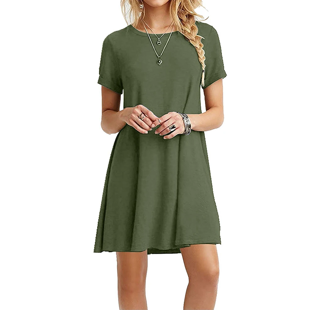 

Cotton Women's Summer Sundress Vintage O-Neck Short Sleeve Mini Dress Casual Loose Dress Robe Solid High Quality Dress Vestidos