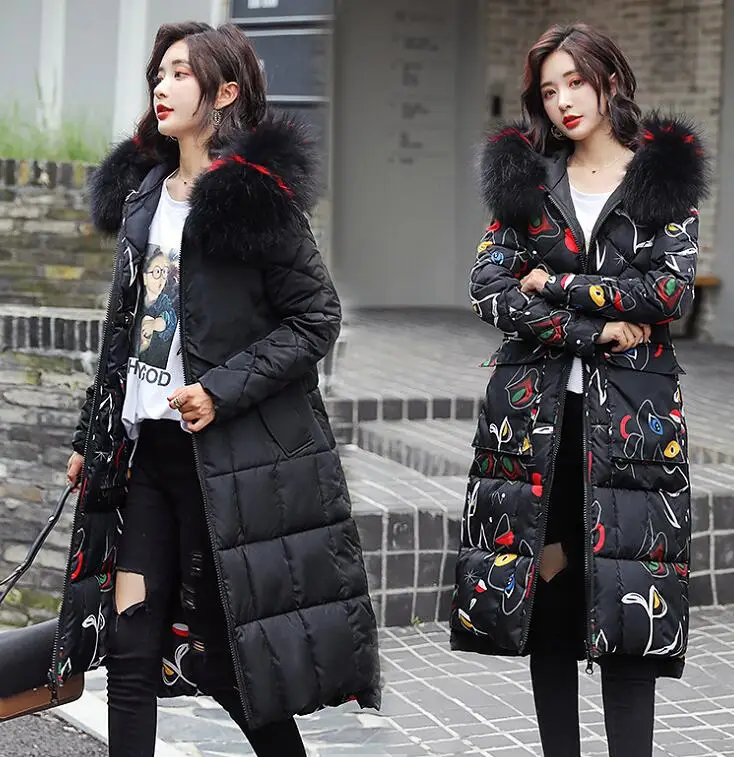 Обе стороны можно носить Новое поступление Женская зимняя куртка с меховым капюшоном длинное стеганое Женское пальто Верхняя одежда парка print - Цвет: Черный