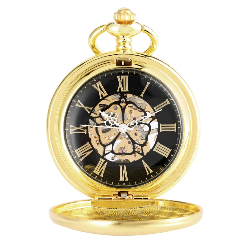Antique Luxury Yellow Gold Shield Design Clock Skeleton Dial Mechanical Hand Winding Pocket Watch for Men Women Gift FOB Chain