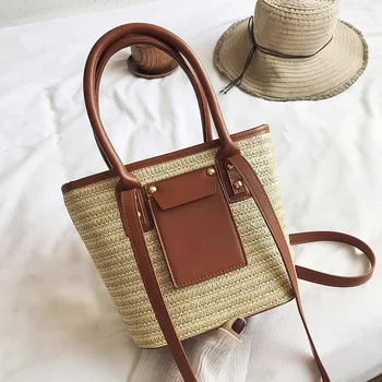 

21x20CM Big Bag Bucket Shoulder Bags Women Messenger Straw Women Panelled Colors Summer Weave Handbag a6457