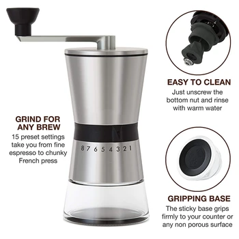 

Manual Coffee Grinder Conical Ceramic Burr Portable Hand Crank Mill 304 Stainless Steel