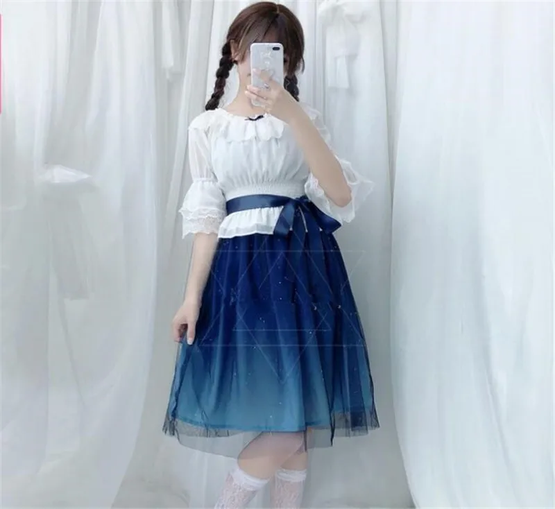 Shinning Stars Lolita Dress Gradient JSK Star Blue Girls Solid Fancy Dress Lace Ruched Pleated and Shirt Set B289