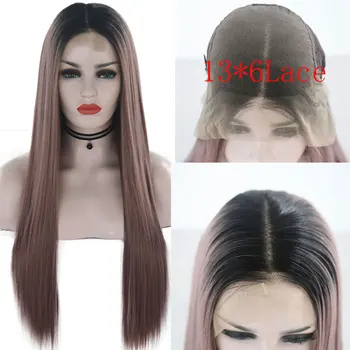 

Bomshell Black Roots Ombre Smoke Pink Synthetic 13*6 Large Lace Front Wig Long Straight Heat Resistant Fiber Hair For Women Wigs