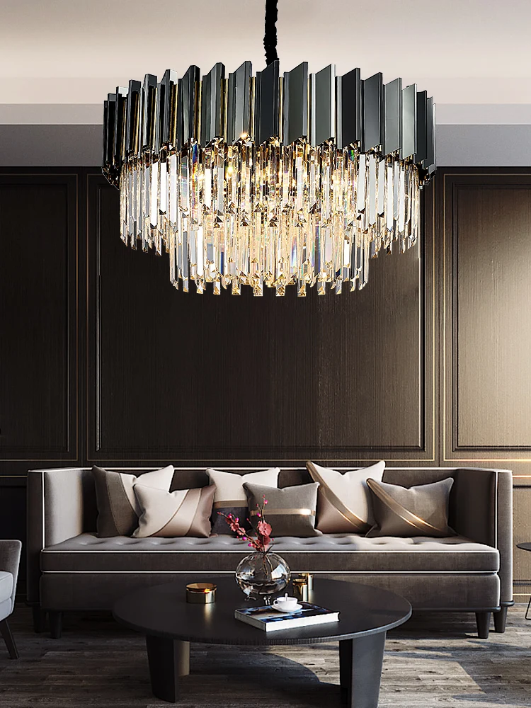 Modern living room luxury crystal lamp chandelier black round LED chandelier E14 bulb stainless steel chain chandelier lighting