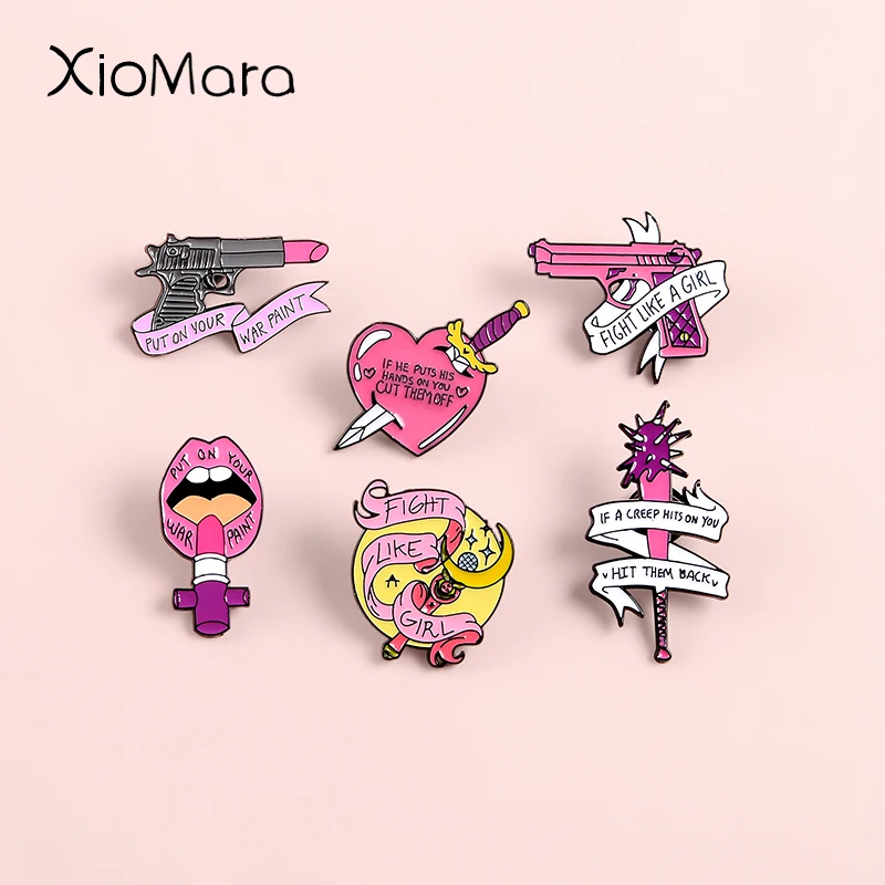 

Pink Feminist Enamel Pins Feminism Jewelry Self-defence Magic Wand Female Girl Power Brooches lapel Pin For Women