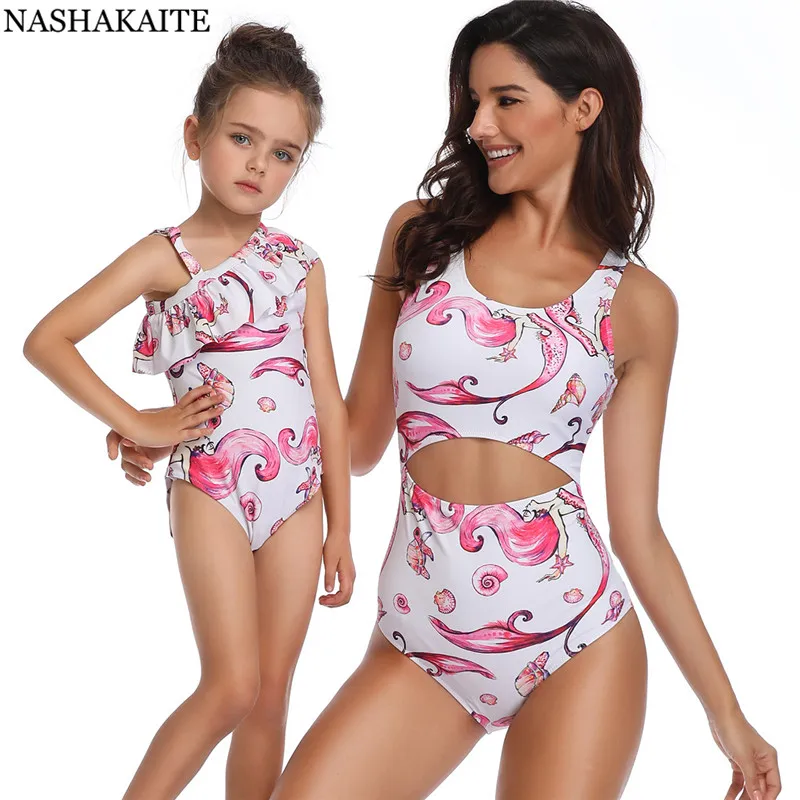 NASHAKAITE/купальный костюм для мамы и дочки с принтом русалки и оборками; цельные купальные костюмы; пляжная одежда; купальник «Мама и я»; семейный образ