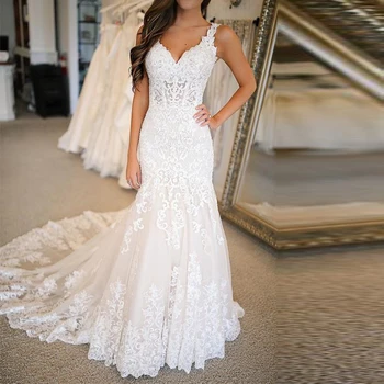 

Mermaid Wedding Dresses Lace Applique Deep V Neck Illusion Long Dress Bridal Gowns Custom vestido para madrinha de casamento