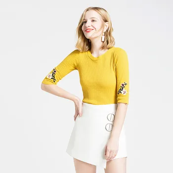 

Summer Thin Women Knitted Breathable Casual Embroidery Three Quarter Sleeves Top O Neck Fashion Female Tee Shirt