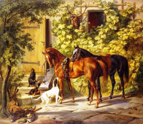 

Perfect Oil painting Albrecht Adam - Horses at the Porch with dogs in landscape