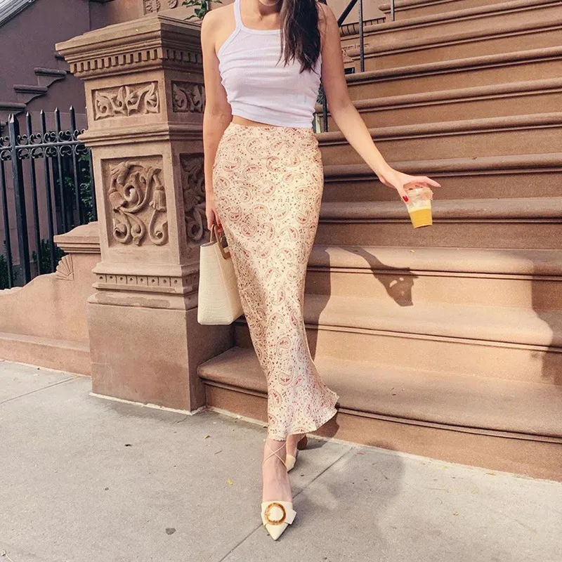 Nieuwe Vintage Print Satijn Zijde Print Lange Rok Vrouwen Hoge Taille Een Lijn Fishtail Maxi Rok