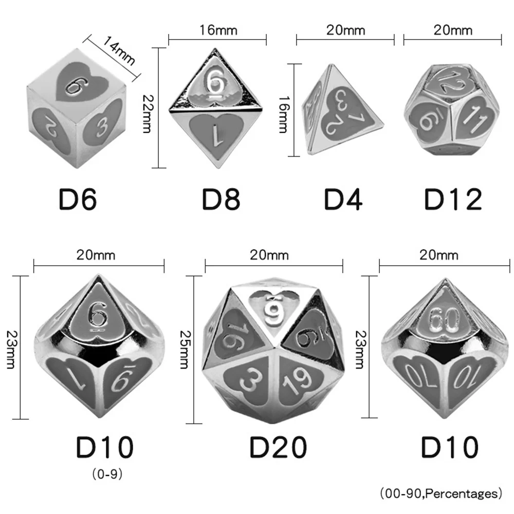 7PcsSet DND TRPG Board Games Metal Dice D4-D20 Polyhedral Game Dice Multi Sides Entertainment Dice With Drawstring Bag BC0267 (9)