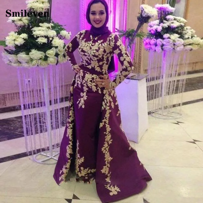 

Smileven Caftan karakou algerien Mermaid Formal Evening Dress Long Sleeve Removable Train Gold Lace Peplum Occasion Evening Gown