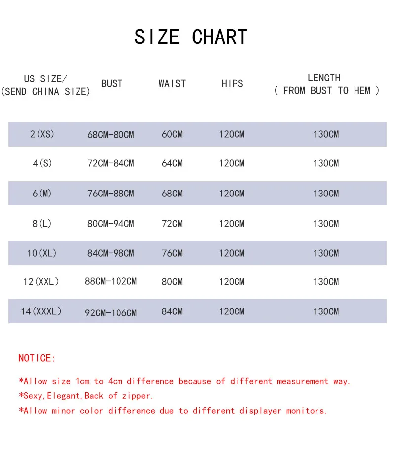 英文版尺码表 - 905长款背后拉链