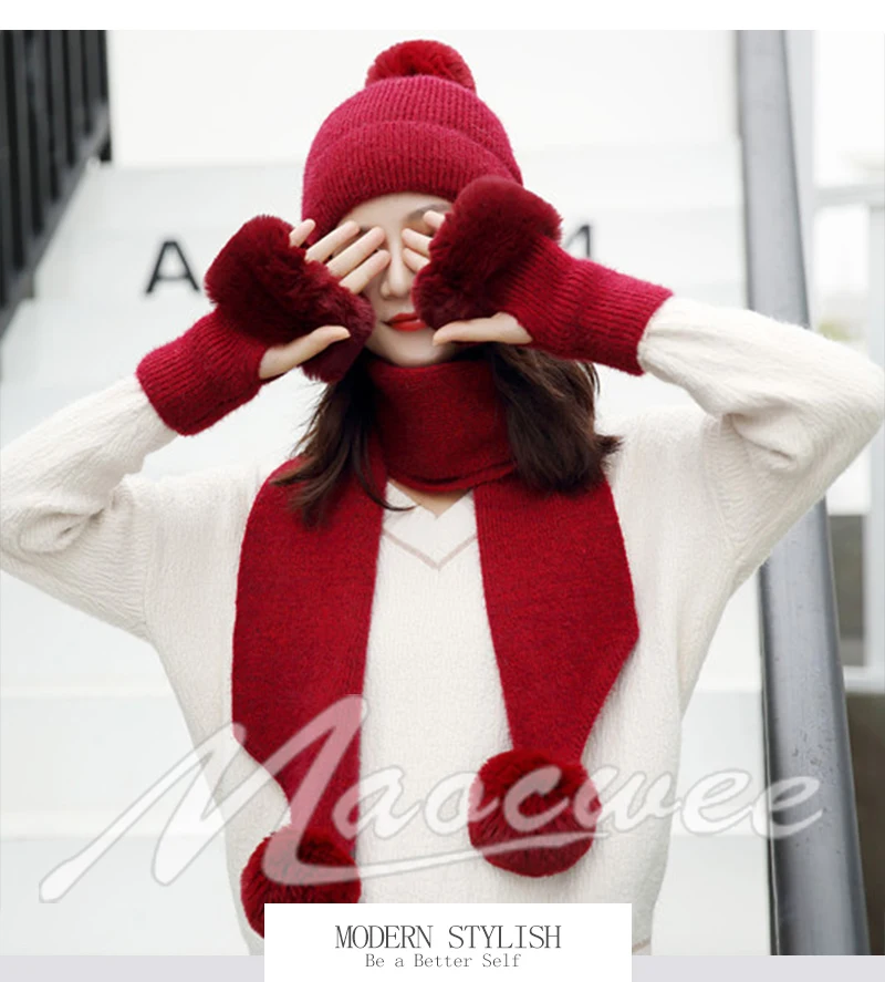 Женская зимняя вязаная шапочка-шарф и наборы перчаток хлопок Модная уличная теплая однотонная шапка перчатки и шарф набор с помпоном шапка