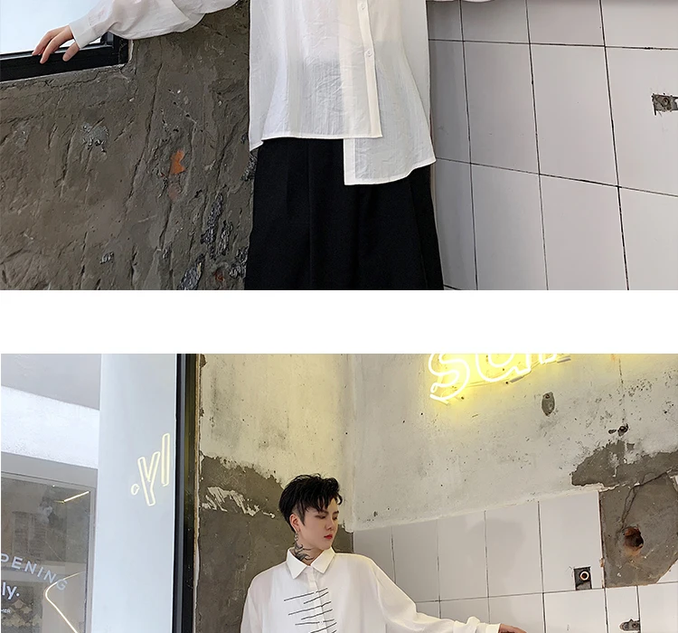 Men Long Sleeve Embroidery Irregular Casual Black White Shirt Male Streetwear Hip Hop Gothic Japan Dress Shirt