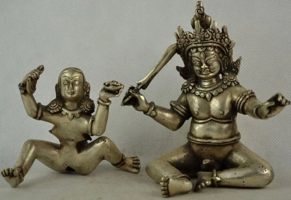 ---522+++Collectibles Old Decorated Handwork Tibet Silver Carving MAKE LOVE Buddha Statue | Дом и сад