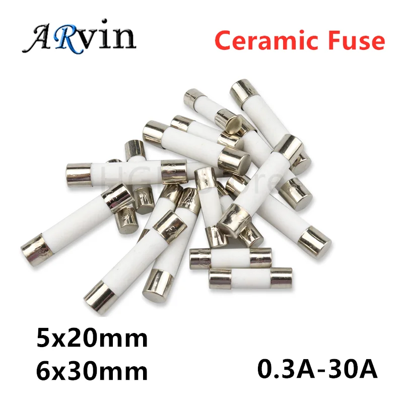 10pcs/lot 5*20mm 6*30mm Fast Blow Tube Fuses 250V 0.5A-30A AMP Ceramic