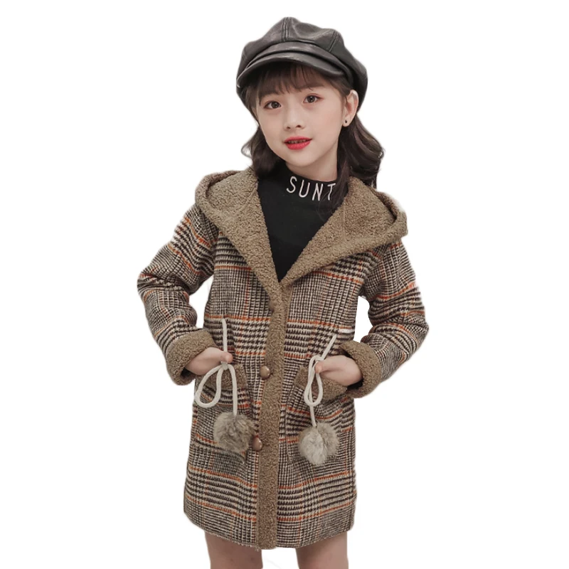 Girls winter plus velvet thickened long tartan coat in the big boy foreign fashion hooded woolen coat jacket - Цвет: coffee