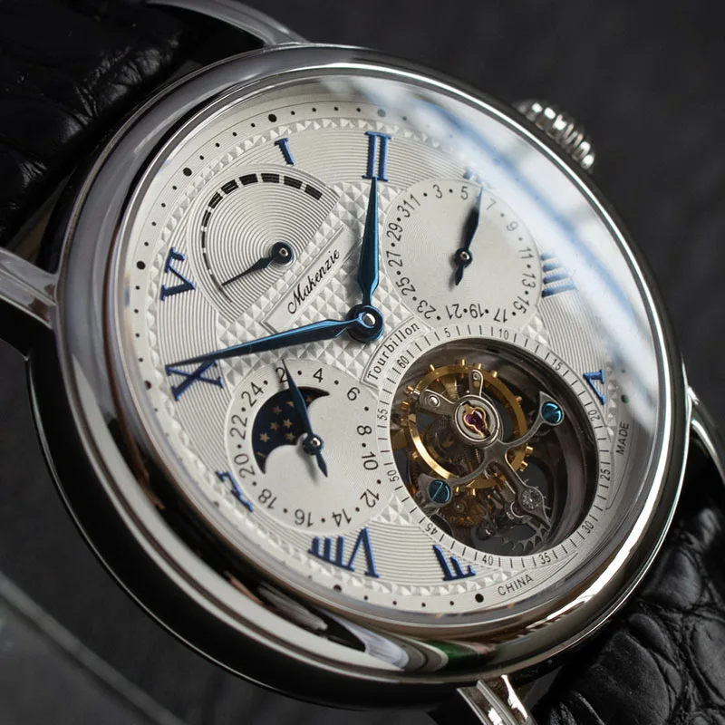 Высококачественные часы с хронографом Pilot Tourbillon, мужские часы с фазой Луны ST8007, модные мужские механические часы с календарем, запас мощности