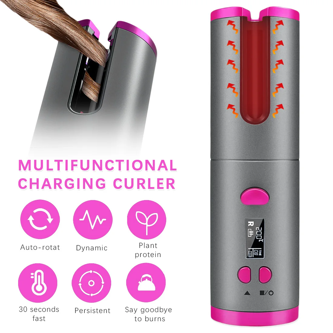 

Cordless Auto Rotating Ceramic Hair Curler Curling Iron LED Display Temperature Adjustable Curling Wave Styer USB Charge Wireles