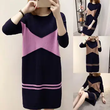 

Autumn Winter Fashion Women Dress Long Sleeve Patchwork Round Neck Loose Midi Dress
