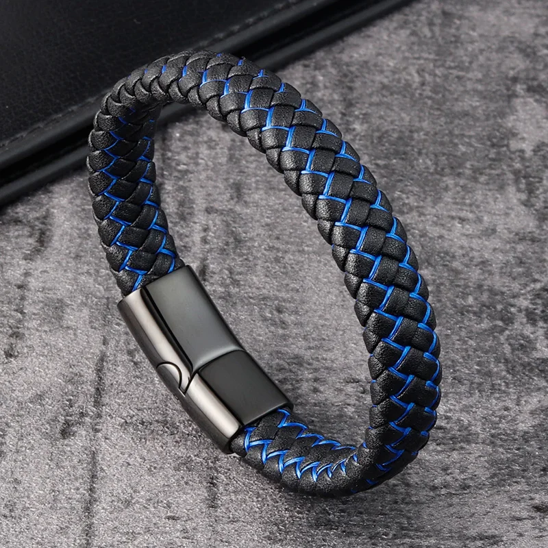 Trendy Red Genuine Leather Bracelet for Men Jewelry Multicolor Stainless Steel Magnetic Clasp Braided Wristband Male Punk Gift - Image 4